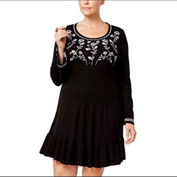Style & Co. Dresses & Skirts - 3X Style & Co black knit sweater dress with white floral embroidery on the front